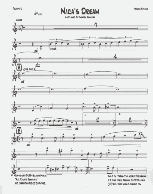 Nica's Dream V.2 (Download) Latin jazz printed sheet music www.3-2music.com composer Horace Silver and arranger Papo Luca little big band