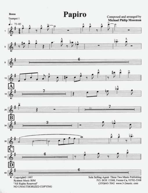 Papiro (Download) Latin jazz printed sheet music www.3-2music.com composer and arranger Michael Mossman big band 4-4-5  instrumentation