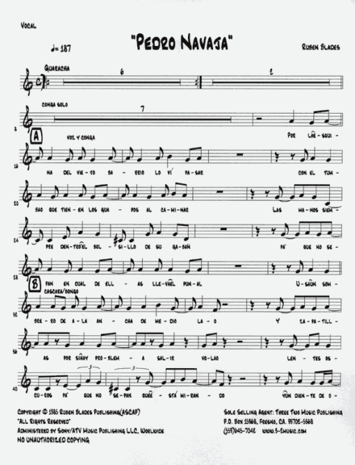 Pedro Navaja (Download) Latin jazz printed sheet music www.3-2music.com composer and arranger Ruben Blades combo (salsa) instrumentation