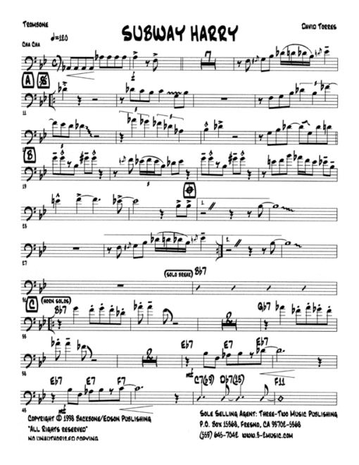 Subway Harry (Download)Latin jazz printed sheet music www.3-2music.com composer and composer David Torres combo (septet) instrumentation