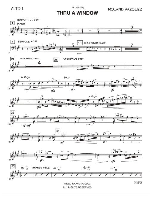 Thru A Window (Download) Latin Jazz printed sheet music www.3-2music.com composer and arranger Roland Vazquez big band 4-4-5 instrumentation