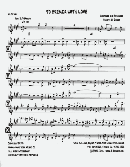 To Brenda With Love V.2 (Download) Latin jazz printed sheet music www.3-2music.com composer and arranger Paquito D'Rivera little big band