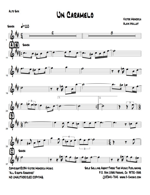 Un Caramelo (Download) Latin jazz printed sheet music www.3-2music.com composer and arranger Victor Mendoza combo (sextet) instrumentation