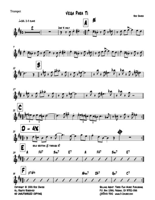 Vega Para Ti Latin jazz printed sheet music www.3-2music.com composer and arranger Rick Davies combo (septet) instrumentation
