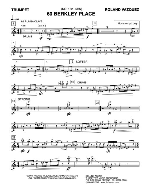 60 Berkley Place Latin jazz printed sheet music www.3-2music.com composer and arranger Roland Vazquez combo (nonet) instrumentation