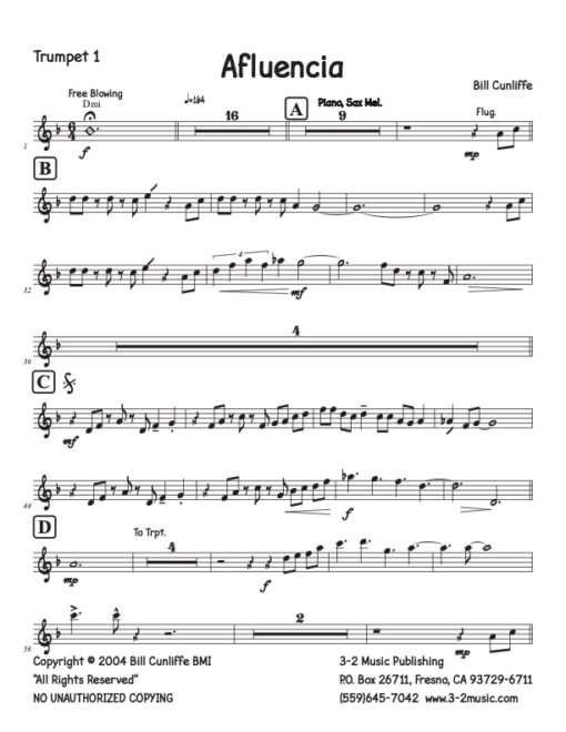 Afluencia V.2 Latin jazz printed sheet music www.3-2music.com composer and arranger Bill Cunliffe 4-4-5 instrumentation 6/8 feel