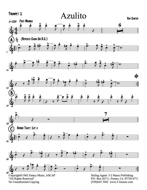 Azulito (Download) Latin jazz printed sheet music www.3-2music.com composer and arranger Ray Santos big band 4-4-5 instrumentation