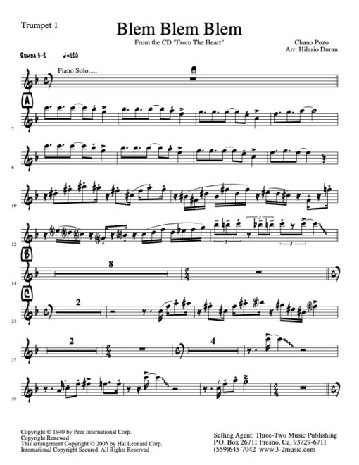 Blem Blem Blem Latin jazz printed sheet music www.3-2music.com composer and arranger Hilario Durán big band 4-4-5 instrumentation