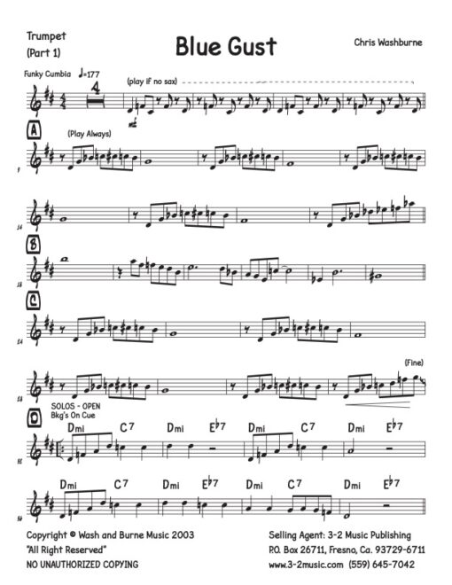 Blue Gust Latin jazz printed sheet music www.3-2music.com composer and arranger Chris Washburne combo (septet) instrumentation