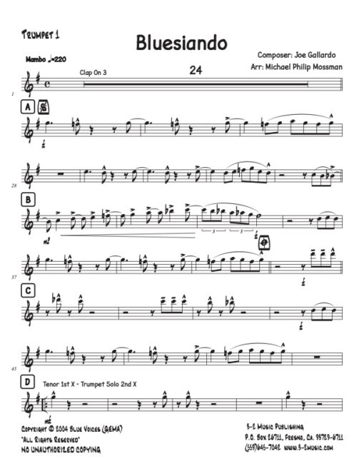 Bluesiando Latin jazz printed sheet music www.3-2music.com composer and arranger Joe Gallardo big band 4-4-5 instrumentation
