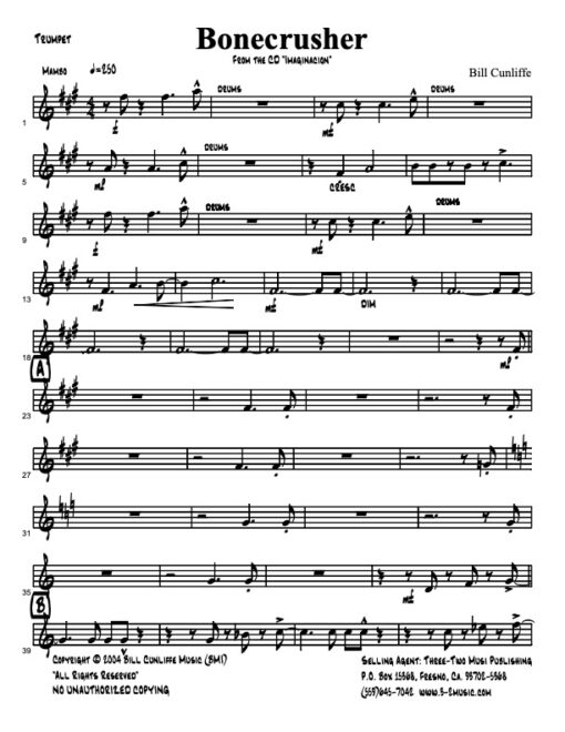 Bone Crusher V.1 Latin jazz printed sheet music www.3-2music.com composer and arranger Bill Cunliffe combo (octet) instrumentation
