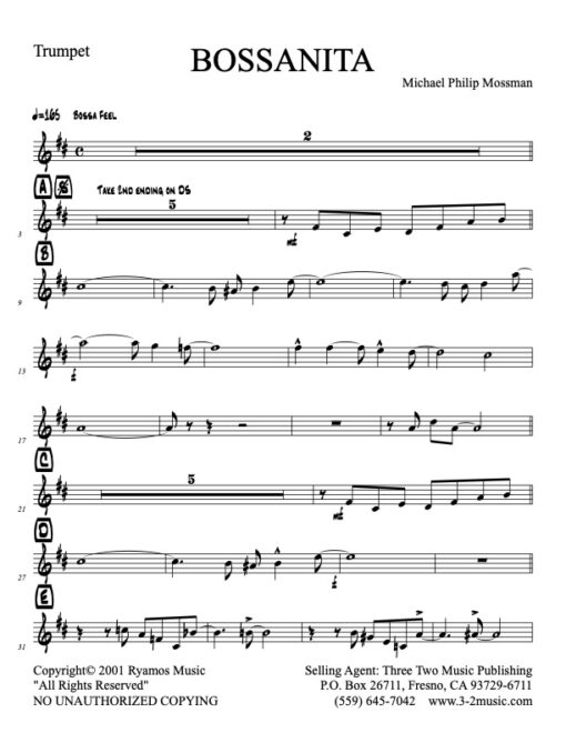 Bossanita Latin jazz printed sheet music www.3-2music.com composer and arranger Michael Mossman combo (nonet) instrumentation