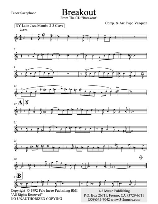 Breakout Latin jazz printed sheet music www.3-2music.com composer and arranger Papo Vazquez combo (sextet) instrumentation