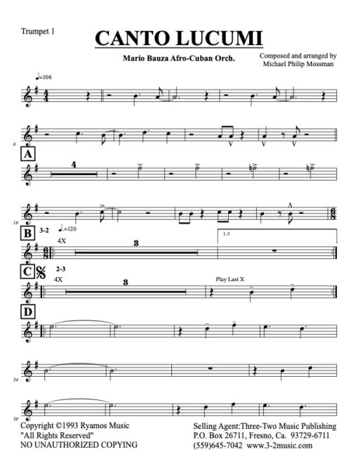 Canto Lucumi Latin jazz printed sheet music www.3-2music.com composer and arranger Michael Mossman big band (4-4-5) instrumentation  