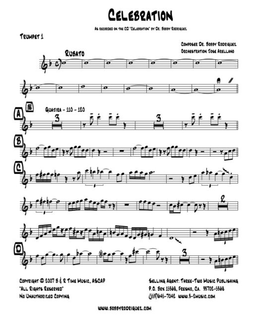 Celebration Latin jazz printed sheet music www.3-2music.com composer and arranger Bobby Rodriguez big band 4-4-5 instrumentation