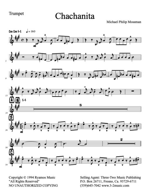 Chachanita V.1 Latin jazz printed sheet music www.3-2music.com composer and arranger Michael Mossman combo (nonet) instrumentation