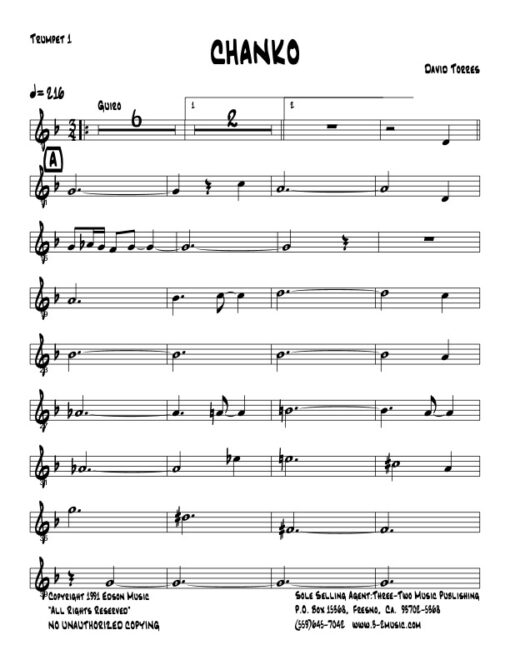 Chanko Latin jazz printed sheet music www.3-2music.com composer and arranger David Torres combo (septet) instrumentation 6/8 feel