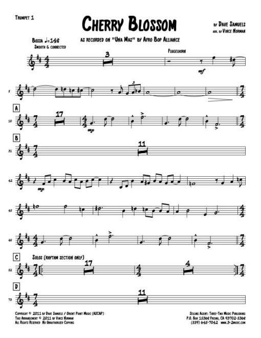 Cherry Blossom Latin jazz printed sheet music www.3-2music.com composer and arranger Dave Samuels big band 4-4-5 instrumentation