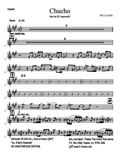 Chucho (Cunliffe) Latin jazz printed sheet music www.3-2music.com composer and arranger Bill Cunliffe combo (octet) instrumentation