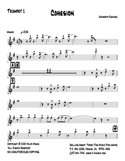 Cohesion Latin jazz printed sheet music www.3-2music.com composer and arranger Humberto Ramirez big band 4-4-5 instrumentation