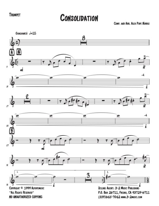 Consolidation) Latin jazz printed sheet music www.3-2music.com composer and arranger Alex Pope Norris combo (septet) instrumentation