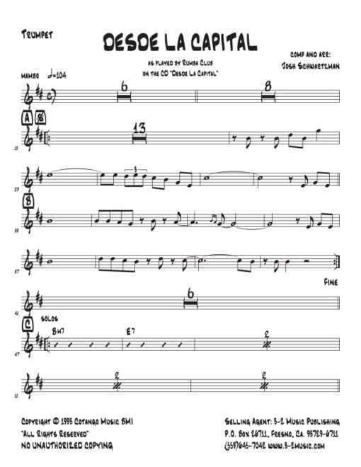 Desde La Capital Latin jazz printed sheet music www.3-2music.com composer and arranger John Shwartzman combo (sextet) instrumentation