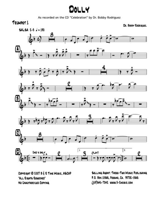 Dolly Latin jazz printed sheet music www.3-2music.com composer and arranger Bobby Rodriguez big band 4-4-5 instrumentation