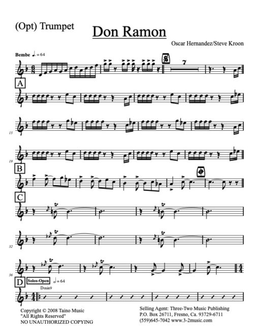 Don Ramon Latin jazz printed sheet music www.3-2music.com composer and arranger Oscar Hernandez combo (septet) instrumentation