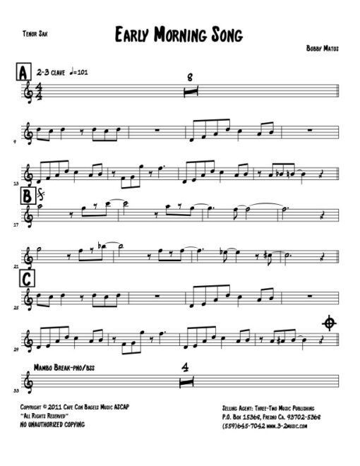 Early Morning Song Latin jazz printed sheet www.3-2music.com composer and arranger Bobby Matos combo (sextet) instrumentation