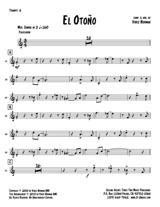 El Otono ( Download) Latin jazz printed sheet music www.3-2music.com composer and arranger Vince Norman big band 4-4-5 instrumentation