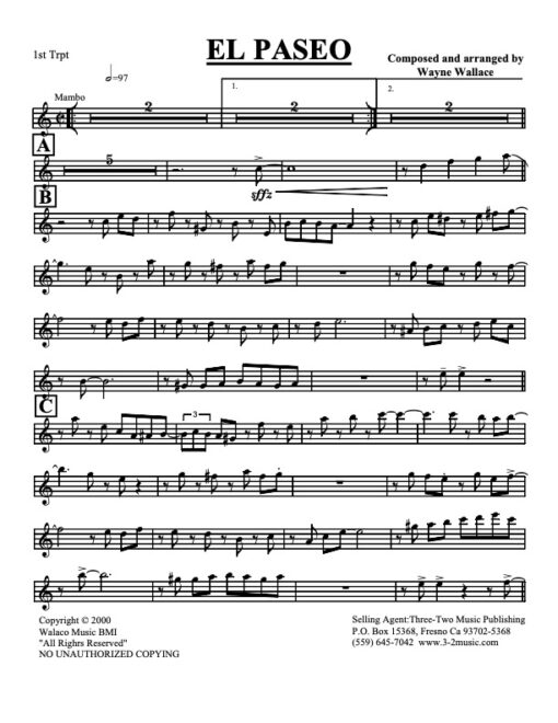 El Paseo Latin jazz printed sheet music www.3-2music.com composer and arranger Wayne Wallace combo (nonet) instrumentation