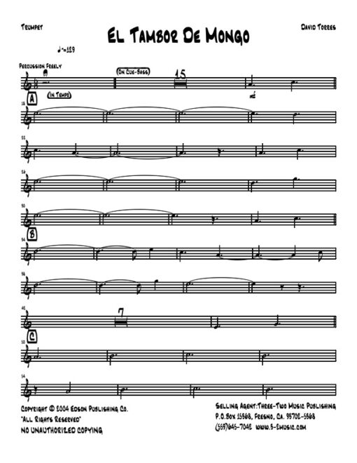 El Tambor De Mongo Latin jazz printed sheet music www.3-2music.com composer and arranger David Torres combo (octet) instrumentation