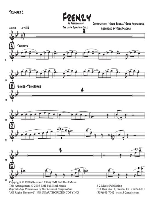 Frenzy Latin jazz sheet printed music www.3-2music.com composer and arranger Mario Bauzá big band 4-4-5 instrumentation mambo rhythm