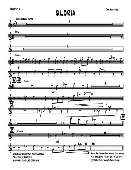 Gloria Latin jazz printed sheet music www.3-2music.com composer and arranger Jan Hartong combo (septet) instrumentation mozambique rhythm