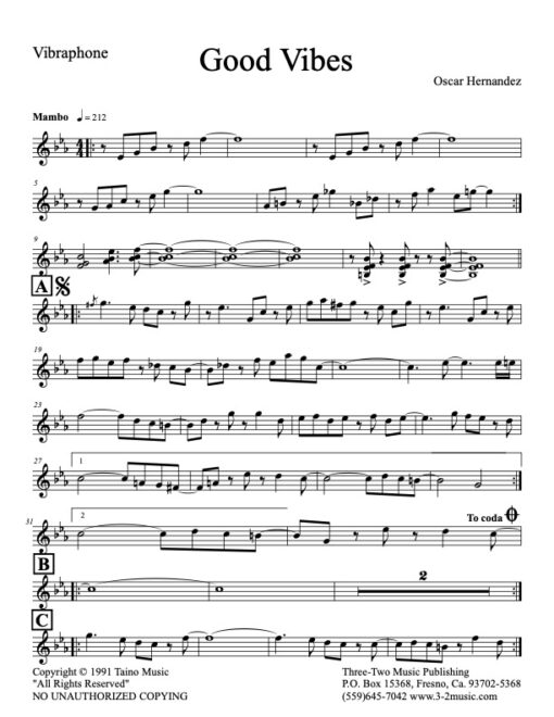 Good Vibes Latin jazz printed music www.3-2music.com composer and arranger Oscar Hernandez combo (quintet) instrumentation