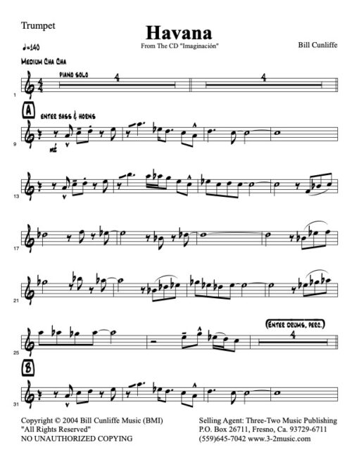 Havana V.1 Latin jazz printed sheet music www.3-2music.com composer and arranger Bill Cunliffe combo (octet) instrumentation