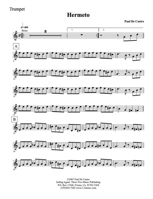 Hermeto Latin jazz printed sheet music www.3-2music.com composer and arranger Paul De Castro combo (septet) instrumentation