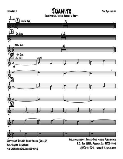 Juanito Latin jazz printed sheet music www.3-2music.com composer and arranger Joe Gallardo big band 4-4-5 instrumentation