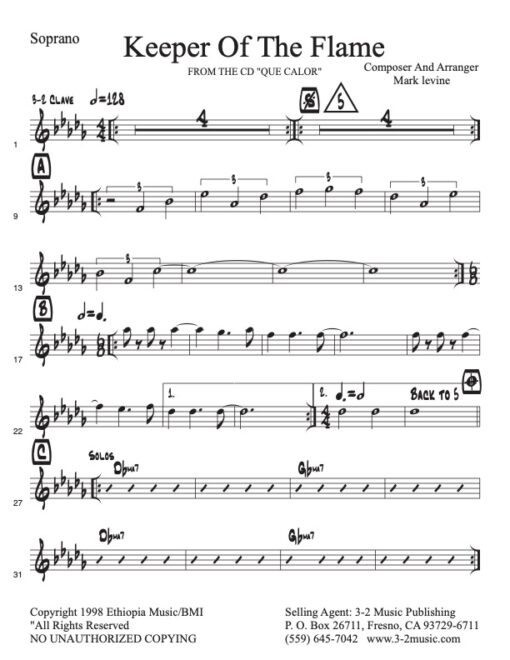 Keeper of the Flame Latin jazz printed sheet music www.3-2music.com composer and arranger Mark Levine combo (sextet) CD Que Calor