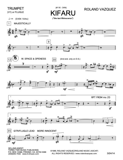 Kifaru Latin Jazz printed sheet music www.3-2music.com composer and arranger Roland Vazquez combo (octet) instrumentation