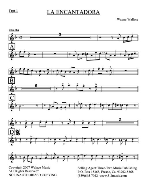 La Encantadora Latin jazz printed sheet music www.32music.com composer and arranger Wayne Wallace combo (nonet) instrumentation