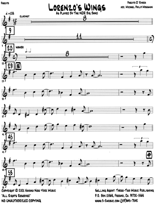 Lorenzo's Wings (Download) Latin jazz printed sheet music www.3-2music.com composer and arranger Paquito D'Rivera big band 4-4-5 instrumentation