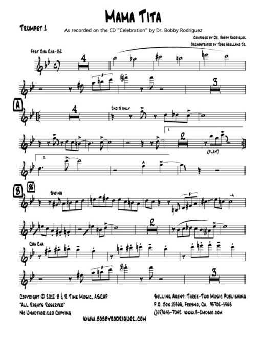 Mama Tita Latin jazz printed sheet music www.3-2music.com composer and arranger Bobby Rodriguez big band 4-4-5 instrumentation