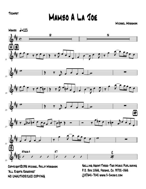 Mambo A La Joe Latin jazz printed sheet music www.3-2music.com composer and arranger Michael Mossman combo (sextet) instrumentation