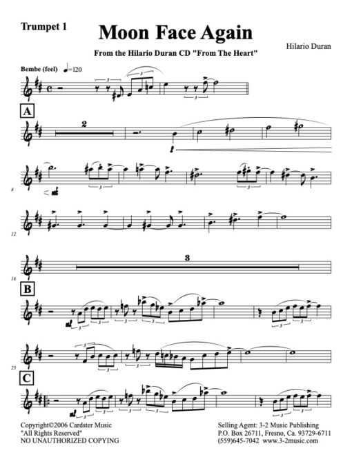 Moon Face Again Latin jazz printed sheet music www.3-2music.com composer and arranger Hilario Duran big band 4-4-5 instrumentation