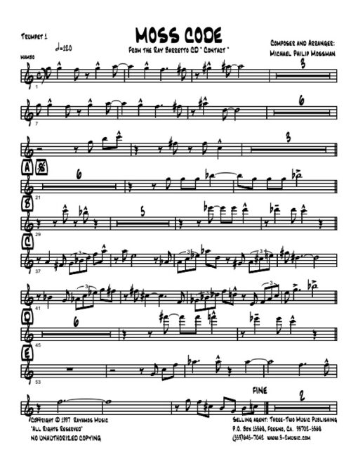 Moss Code V.3 Latin jazz printed sheet music www.3-2music.com composer and arranger Michael Mossman big band 4-4-5 instrumentation