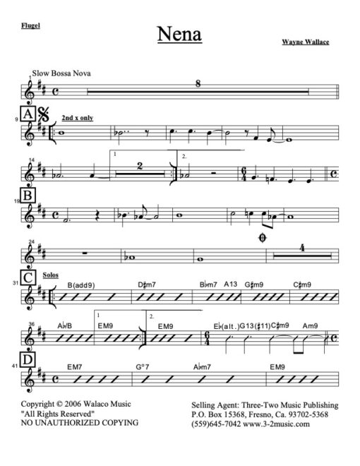 Nena Latin jazz printed sheet music www.3-2music.com composer and arranger Wayne Wallace combo (nonet) instrumentation bossa rhythm