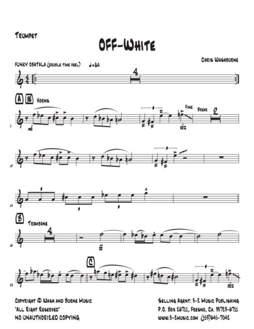 Off White Latin Jazz printed sheet music www.3-2music.com composer and arranger Chris Wasburne combo (septet) instrumentation