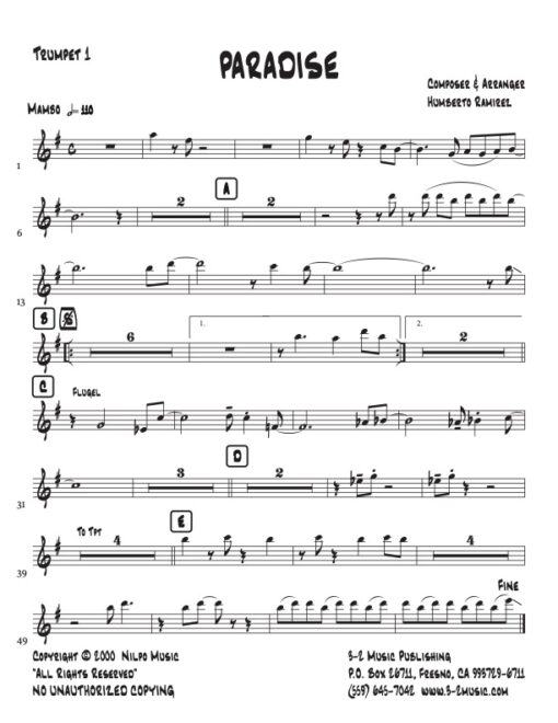 Paradise Latin jazz printed sheet music www.3-2music.com composer and arranger Humberto Ramirez big band 4-4-5 instrumentation