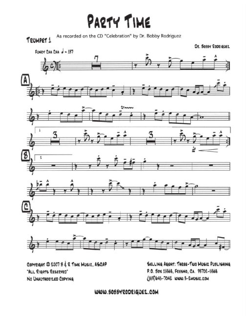 Party Time (Download) Latin jazz printed sheet music www.3-2music.com composer and arranger Bobby Rodriguez big band 4-4-5 instrumentation
